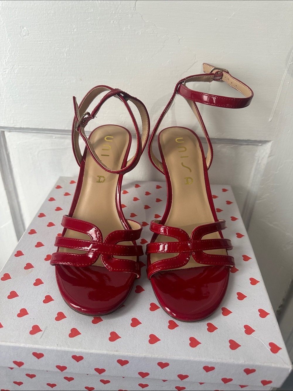 Unisa Red Patent Strappy Ankle-Heel Sandals